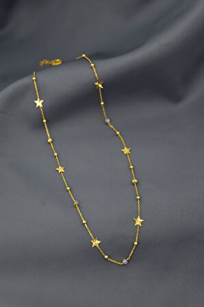 925 Ayar Gümüş Gold Kaplama Firuze Mineli Göz Top Zincirli Kalemli Yıldız Kolye