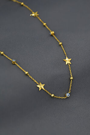 925 Ayar Gümüş Gold Kaplama Firuze Mineli Göz Top Zincirli Kalemli Yıldız Kolye