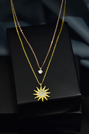 925 Ayar Gümüş Gold-rose Kaplama Zirkon Taşlı Asansörlü Tektaş Ve Güneş Kolye