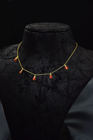 925 Ayar Gümüş Gold Kaplama Mineli Sıralı Uğur Böceği Kolye