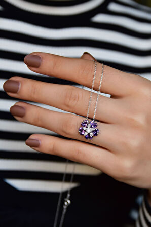 925 Ayar Gümüş Rodyum Kaplama Mor Taşlı Mine Çiçeği Kadın Kolye