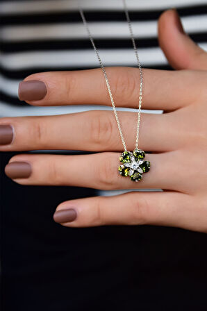 925 Ayar Gümüş Rodyum Kaplama Olive Taşlı Mine Çiçeği Kadın Kolye