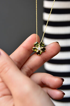 925 Ayar Gümüş Gold Kaplama Olive Taşlı Mine Çiçeği Kadın Kolye