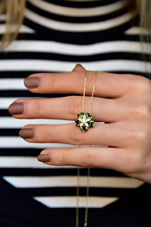 925 Ayar Gümüş Gold Kaplama Olive Taşlı Mine Çiçeği Kadın Kolye