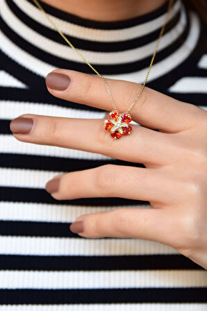 925 Ayar Gümüş Gold Kaplama Turuncu Taşlı Mine Çiçeği Kadın Kolye