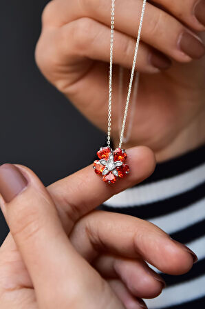925 Ayar Gümüş Rodyum Kaplama Turuncu Taşlı Mine Çiçeği Kadın Kolye