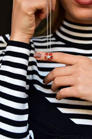 925 Ayar Gümüş Rodyum Kaplama Turuncu Taşlı Mine Çiçeği Kadın Kolye