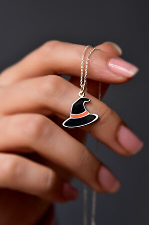 925 Ayar Gümüş Rodyum Kaplama Siyah Mineli Cadılar Bayramı, Cadı Şapkası Kolye