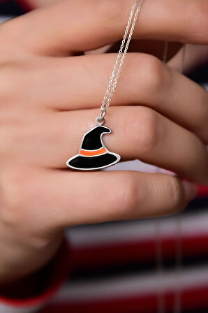 925 Ayar Gümüş Rodyum Kaplama Siyah Mineli Cadılar Bayramı, Cadı Şapkası Kolye