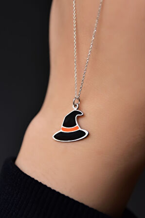 925 Ayar Gümüş Rodyum Kaplama Siyah Mineli Cadılar Bayramı, Cadı Şapkası Kolye