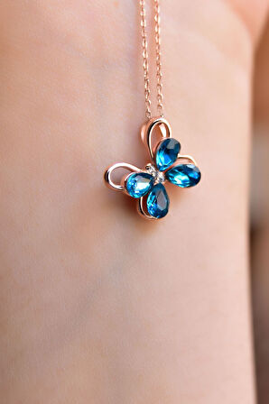 925 Ayar Gümüş Rose Kaplama Zirkon Taşlı Mavi Morpho Kelebeği Kolye