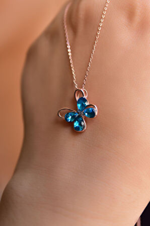 925 Ayar Gümüş Rose Kaplama Zirkon Taşlı Mavi Morpho Kelebeği Kolye
