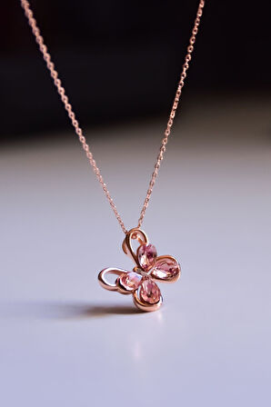 925 Ayar Gümüş Rose Kaplama Zirkon Taşlı Pembe Morpho Kelebeği Kolye