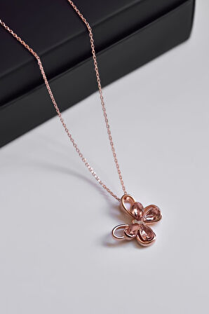 925 Ayar Gümüş Rose Kaplama Zirkon Taşlı Pembe Morpho Kelebeği Kolye