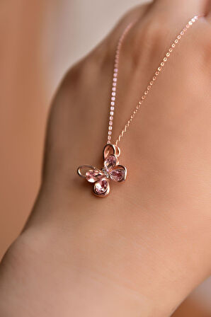 925 Ayar Gümüş Rose Kaplama Zirkon Taşlı Pembe Morpho Kelebeği Kolye