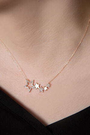 925 Ayar Gümüş Rose Kaplama Sıralı Beş Yıldız Zirkon Taşlı Kolye