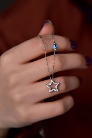 925 Ayar Gümüş Rodyum Kaplama Zirkon Taşlı Yıldız Montür Dorika Toplu Kolye