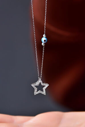 925 Ayar Gümüş Rodyum Kaplama Zirkon Taşlı Yıldız Montür Dorika Toplu Kolye