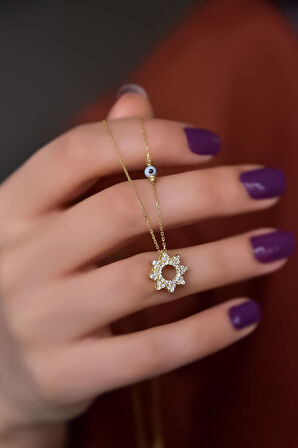 925 Ayar Gümüş Gold Kaplama Zirkon Taşlı Güneş Montür Dorika Toplu Kolye