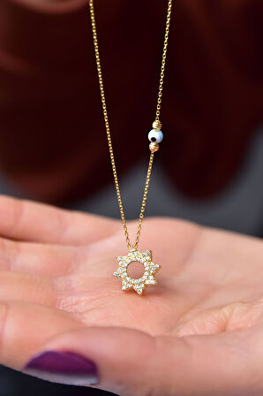 925 Ayar Gümüş Gold Kaplama Zirkon Taşlı Güneş Montür Dorika Toplu Kolye