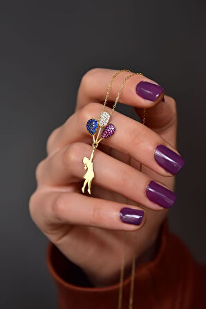 925 Ayar Gümüş Gold Kaplama Zirkon Renkli Taşlı Balon Kız Kolye