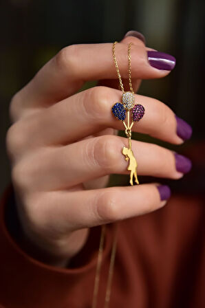 925 Ayar Gümüş Gold Kaplama Zirkon Renkli Taşlı Balon Kız Kolye