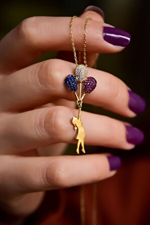 925 Ayar Gümüş Gold Kaplama Zirkon Renkli Taşlı Balon Kız Kolye