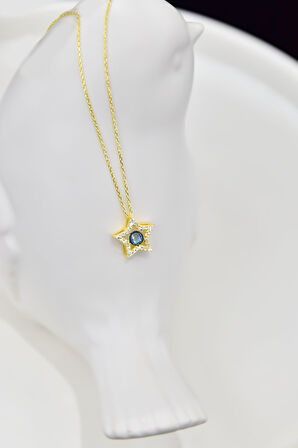 925 Ayar Gümüş Gold Kaplama Doğum Taşlı Montür Yıldız Kolye