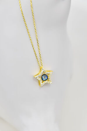 925 Ayar Gümüş Gold Kaplama Doğum Taşlı Montür Yıldız Kolye