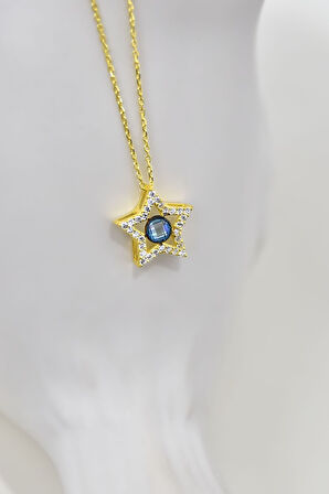 925 Ayar Gümüş Gold Kaplama Doğum Taşlı Montür Yıldız Kolye