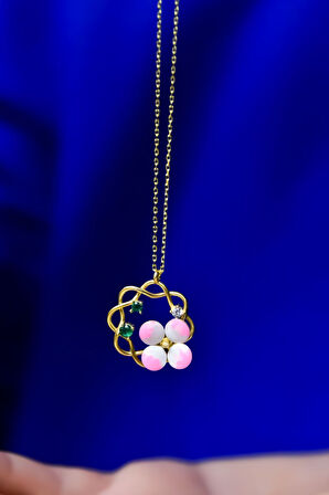 925 Ayar Gümüş Gold Kaplama Tasarım Mineli Doğum Yonca Çiçeği Kolye