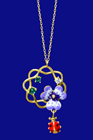 925 Ayar Gümüş Gold Kaplama Tasarım Uğur Böceği Sallantılı Mineli Frezya Çiçeği Kolye