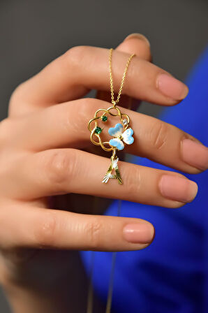 925 Ayar Gümüş Gold Kaplama Tasarım Harf Sallantılı Mineli Frezya Çiçeği Kolye