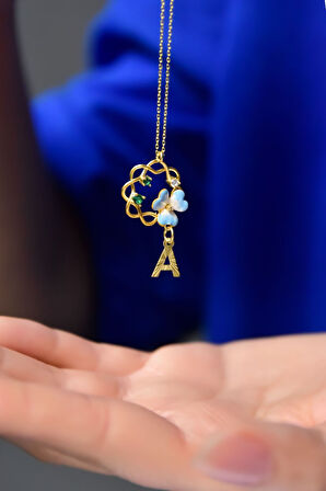 925 Ayar Gümüş Gold Kaplama Tasarım Harf Sallantılı Mineli Frezya Çiçeği Kolye