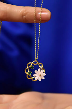 925 Ayar Gümüş Gold Kaplama Tasarım Sedef Kozmos Çiçeği Kolye