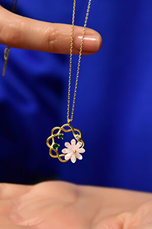 925 Ayar Gümüş Gold Kaplama Tasarım Sedef Kozmos Çiçeği Kolye
