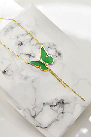 925 Ayar Gümüş Gold Parlayan Rüya Serisi Tasarım Ebruli Cam Boyamalı Zincir Sallantılı Kelebek Kolye