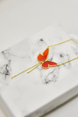 925 Ayar Gümüş Gold Parlayan Rüya Serisi Tasarım Ebruli Cam Boyamalı Zincir Sallantılı Kelebek Kolye