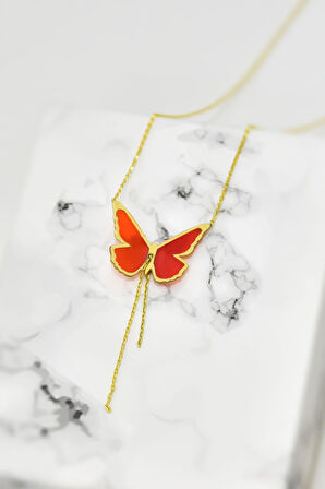 925 Ayar Gümüş Gold Parlayan Rüya Serisi Tasarım Ebruli Cam Boyamalı Zincir Sallantılı Kelebek Kolye