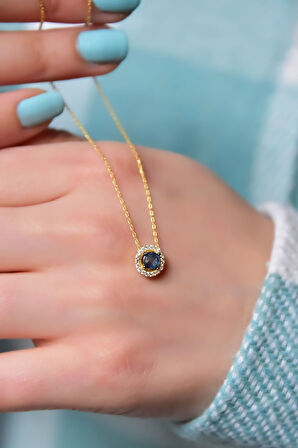 925 Ayar Gümüş Gold Kaplama Doğum Taşlı Tek Taş Kolye