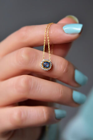 925 Ayar Gümüş Gold Kaplama Doğum Taşlı Tek Taş Kolye