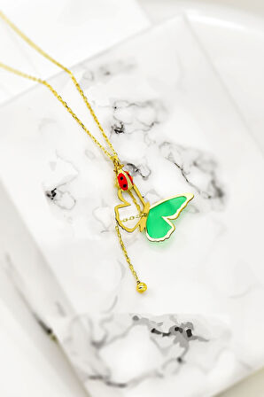 925 Ayar Gümüş Gold Kaplama Parlayan Rüya Serisi Tasarım Ebruli Cam Boyalı Uğur Böceği Kelebek Kolye