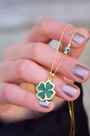 925 Ayar Gümüş Gold Kaplama Parlayan Rüya Serisi Tasarım Ebruli Cam Boyalı Dorika Toplu Yonca Kolye