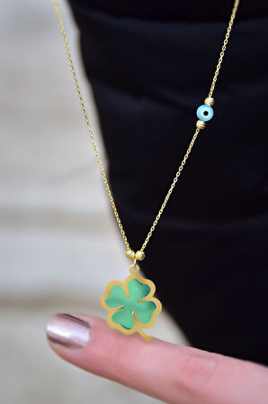 925 Ayar Gümüş Gold Kaplama Parlayan Rüya Serisi Tasarım Ebruli Cam Boyalı Dorika Toplu Yonca Kolye