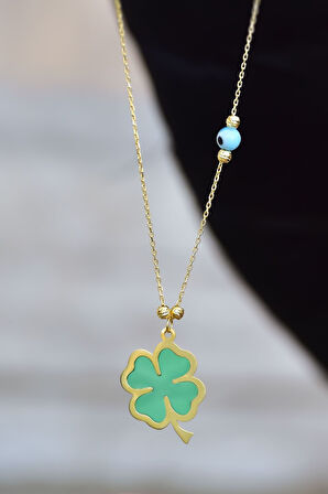 925 Ayar Gümüş Gold Kaplama Parlayan Rüya Serisi Tasarım Ebruli Cam Boyalı Dorika Toplu Yonca Kolye