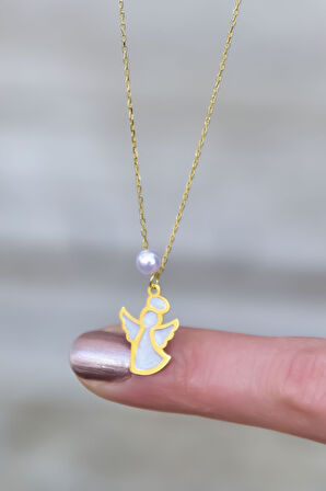 925 Ayar Gümüş Gold Kaplama Parlayan Rüya Serisi Tasarım Incili Beyaz Ebruli Cam Boyalı Melek Kolye