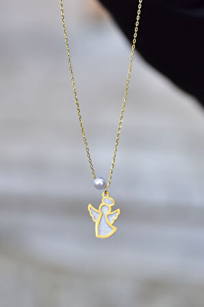 925 Ayar Gümüş Gold Kaplama Parlayan Rüya Serisi Tasarım Incili Beyaz Ebruli Cam Boyalı Melek Kolye