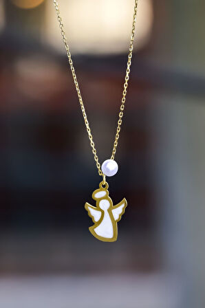 925 Ayar Gümüş Gold Kaplama Parlayan Rüya Serisi Tasarım Incili Beyaz Ebruli Cam Boyalı Melek Kolye