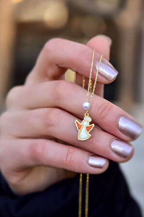 925 Ayar Gümüş Gold Parlayan Rüya Serisi Tasarım Incili Turuncu Ebruli Cam Boyalı Melek Kolye