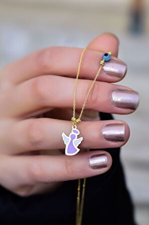 925 Ayar Gümüş Gold Kaplama Parlayan Rüya Serisi Tasarım Gözlü Lila Ebruli Cam Boyalı Melek Kolye